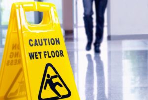 A wet floor sign on a slippery floor