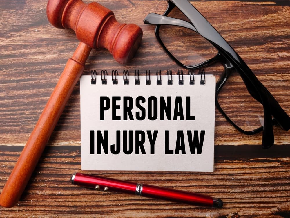 On a wooden background, there's a composition featuring a gavel, pen, glasses, and notebook inscribed with the words "PERSONAL INJURY LAW."