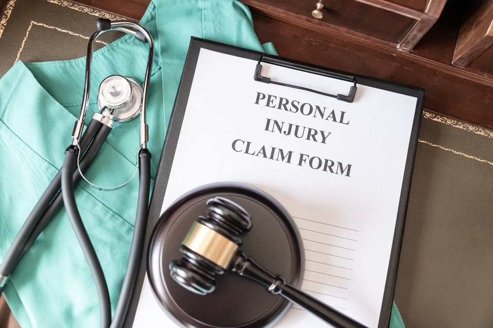 A personal injury claim form on a clipboard, accompanied by a stethoscope and medical scrubs, indicating health-related legal action.