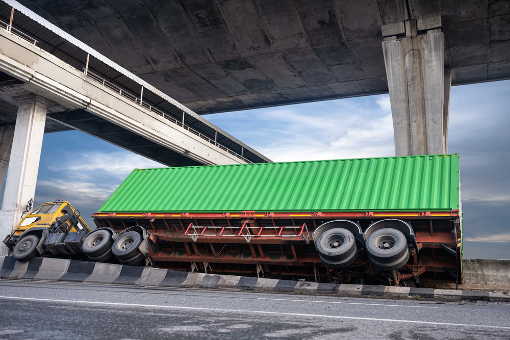 trailer truck clash on accident on the street under transport cargo container delivery to destination, driving at risk and high level of insurance
